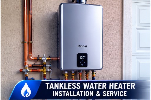 Licensed plumber installing a wall-mounted tankless water heater in a Southwest Florida home